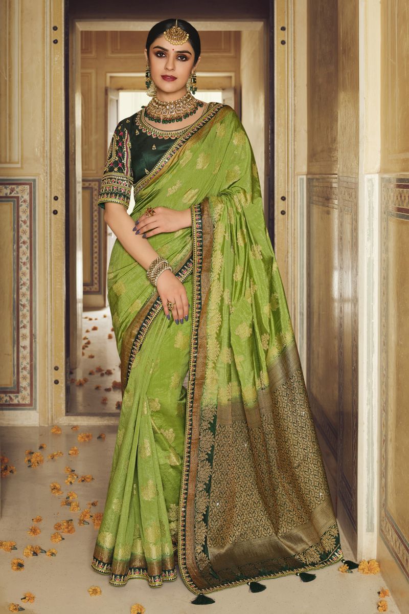 Green Banarasi Silk Saree With Designer Blouse