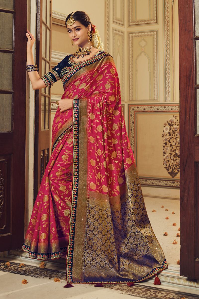 Pink Banarasi Silk Saree With Designer Blouse