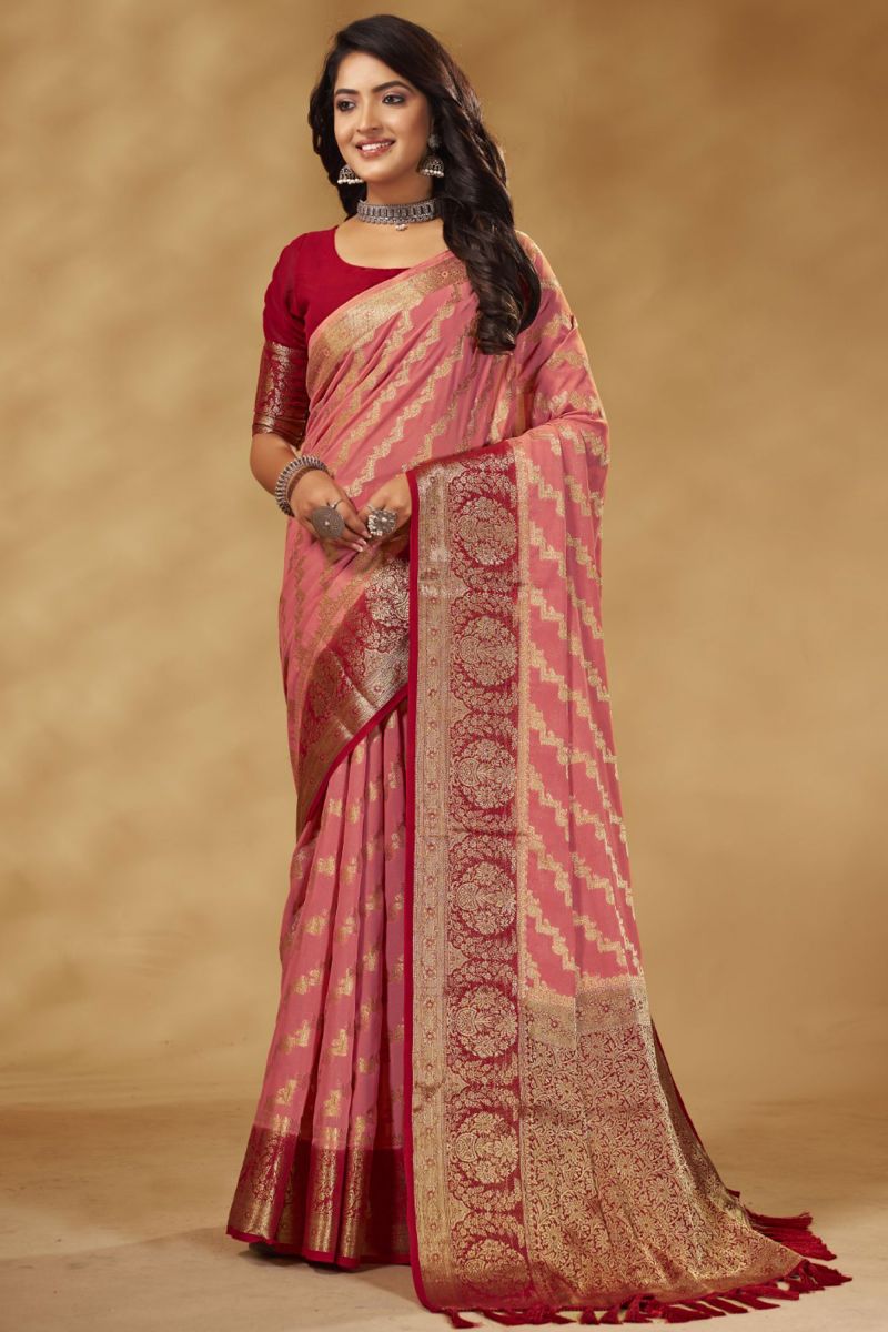 Function Wear Weaving Work On Peach Color Saree In Georgette Fabric