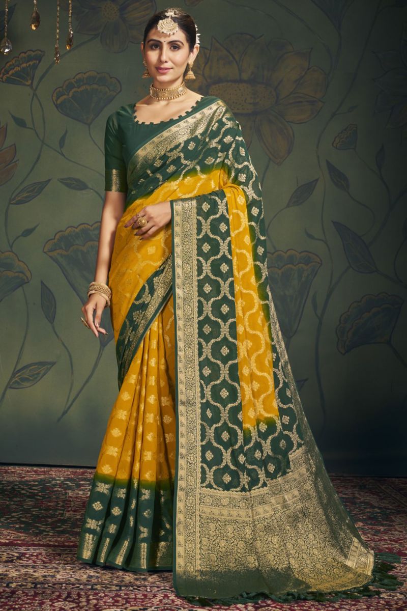Function Wear Georgette Fabric Yellow Color Saree With Weaving Work