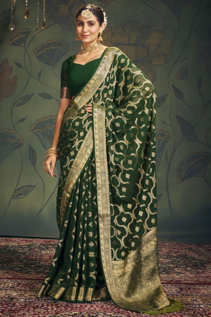 Weaving Work On Green Color Function Wear Saree In Georgette Fabric