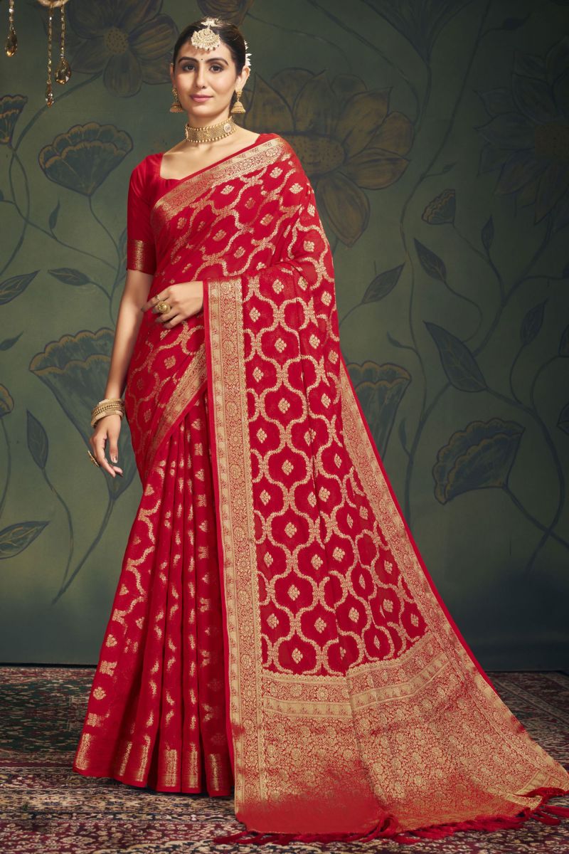 Weaving Work On Function Wear Saree In Red Color Georgette Fabric