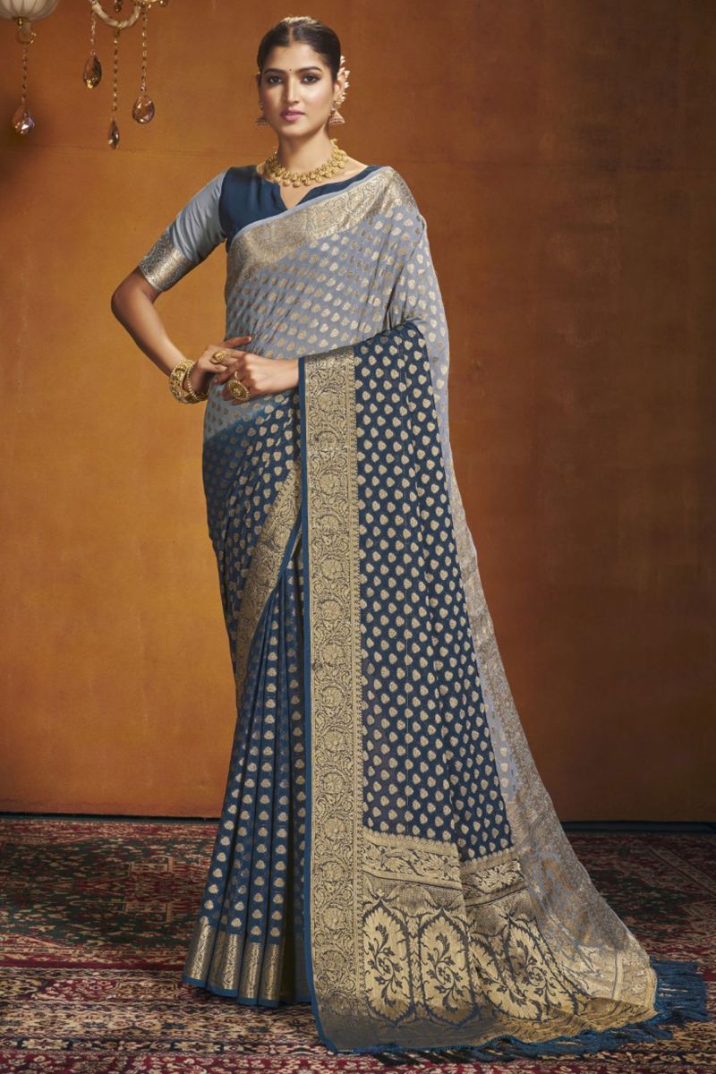 Navy Blue Color Georgette Fabric Function Wear Saree With Weaving Work