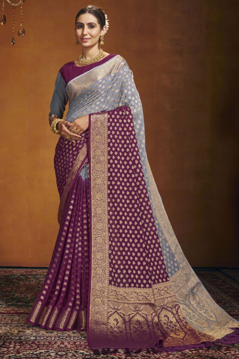 Function Wear Georgette Fabric Weaving Work On Saree In Purple Color