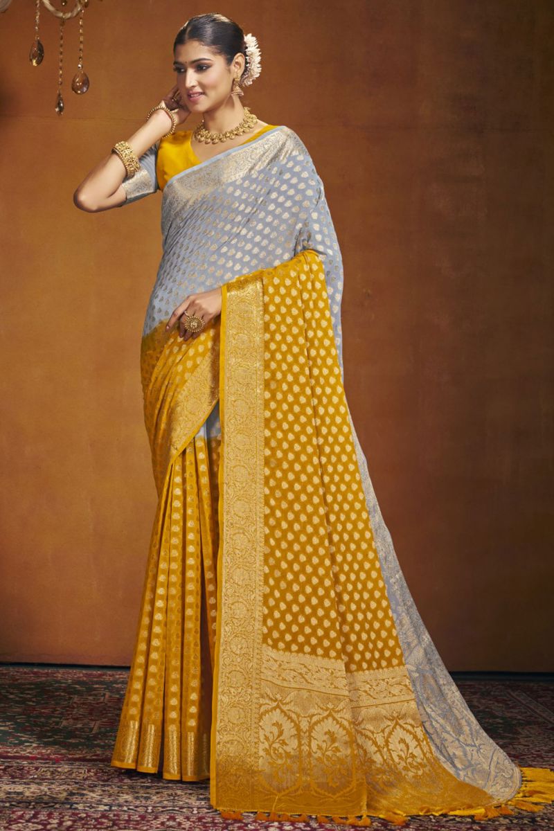 Weaving Work Orange Color Georgette Fabric Function Wear Saree