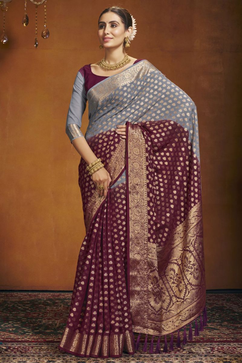 Maroon Color Georgette Fabric Function Wear Saree With Weaving Work