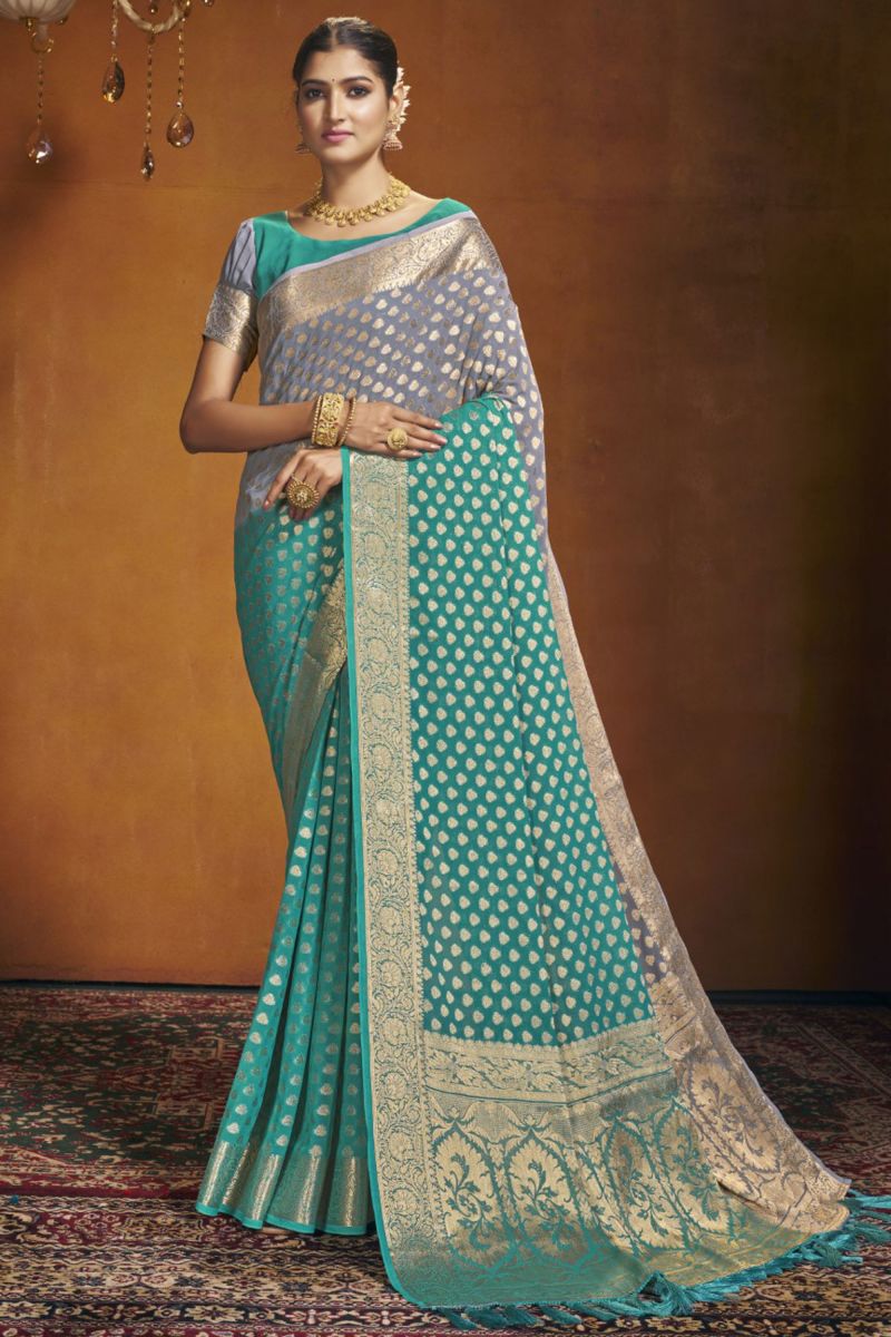 Cyan Color Weaving Work On Function Wear Georgette Fabric Saree