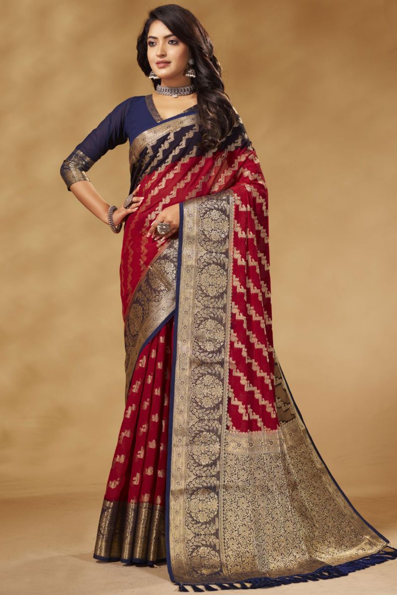 Function Wear Maroon Color Georgette Fabric Saree With Weaving Work