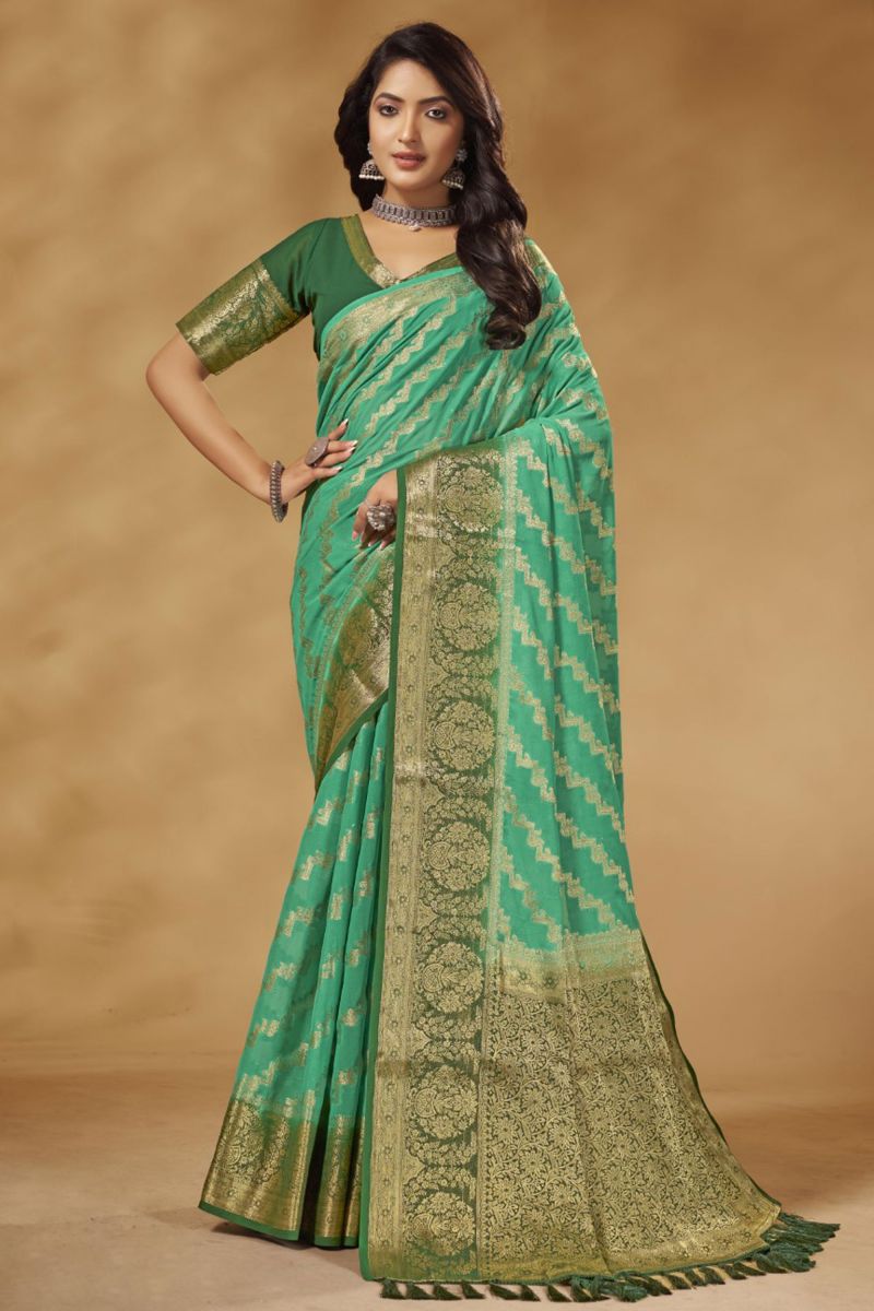 Function Wear Cyan Color Weaving Work On Saree In Georgette Fabric