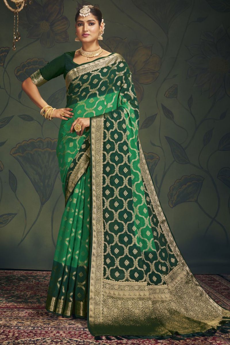 Function Wear Weaving Work On Green Color Georgette Fabric Saree