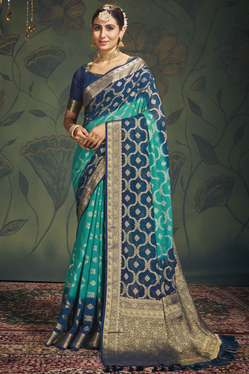 Function Wear Georgette Fabric Blue Color Saree With Weaving Work 