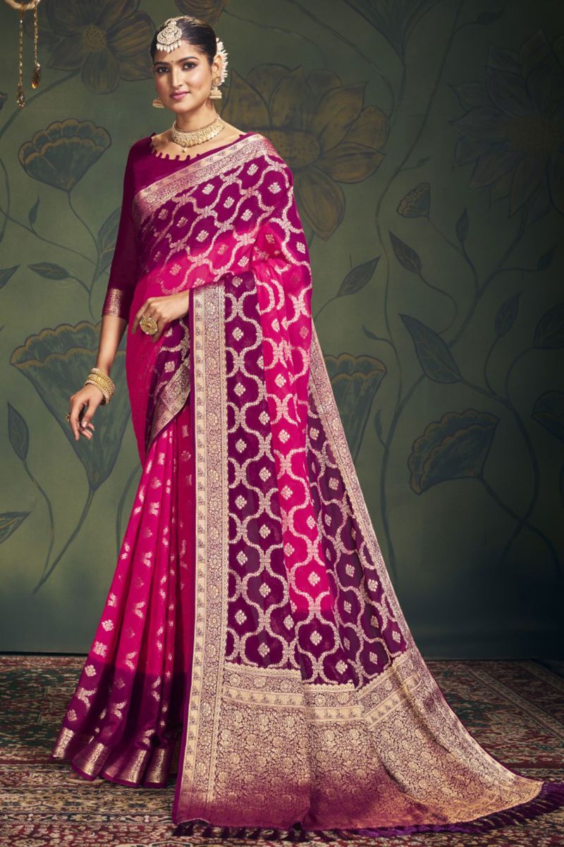 Function Wear Weaving Work On Rani Color Georgette Fabric Saree