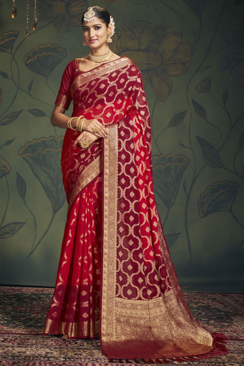 Function Wear Weaving Work Georgette Fabric Red Color Saree
