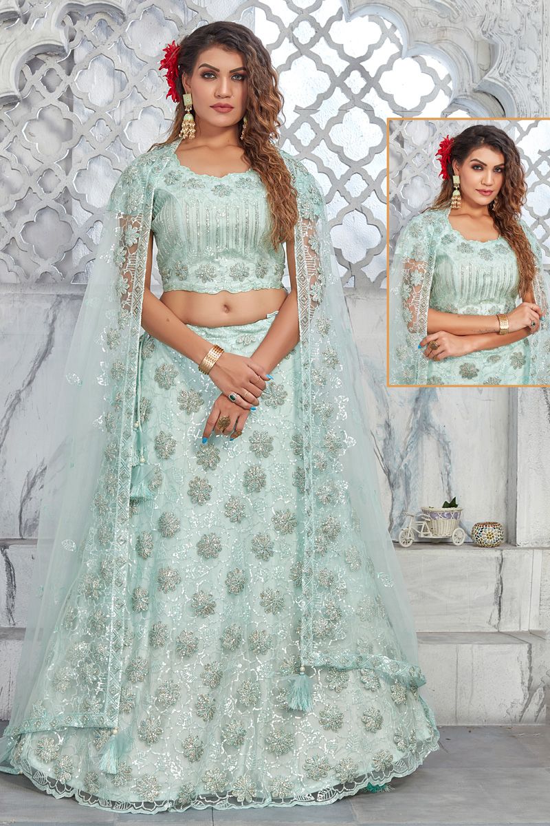 Net Sea Green Color Riveting Lehenga With Embroidred Work