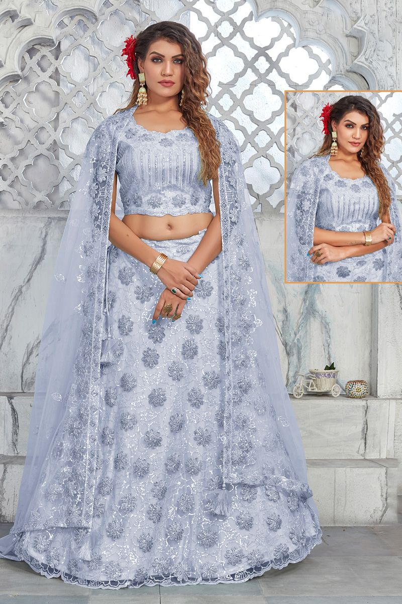 Net Light Cyan Color Excellent Lehenga With Embroidred Work