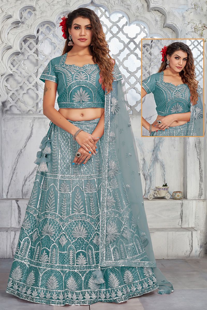 Embroidred Work On Teal Color Net Princely Lehenga