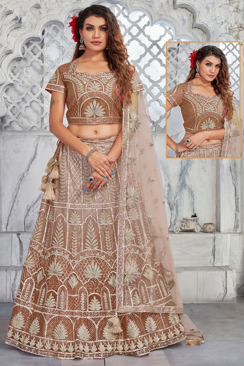 Art Silk Brown Color Patterned Lehenga With Embroidred Work