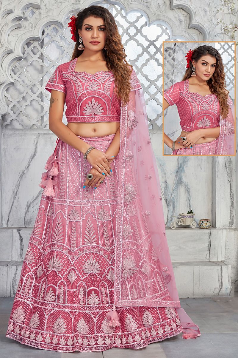 Pink Color Art Silk Engaging Lehenga With Embroidred Work