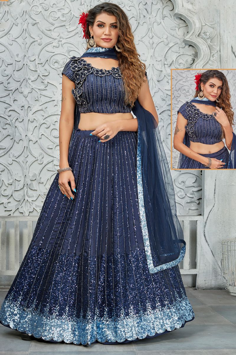 Embroidred Work On Navy Blue Color Sober Lehenga In Art Silk Fabric