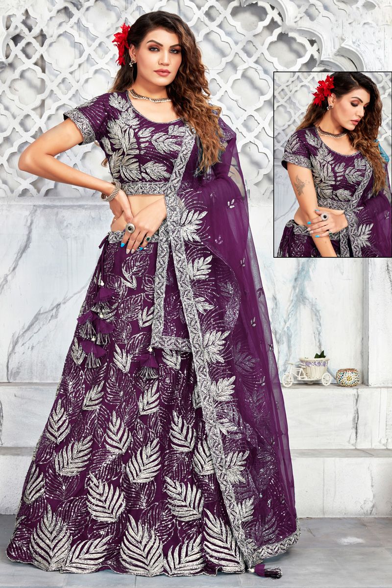 Embroidred Work On Art Silk Bewitching Lehenga In Purple Color