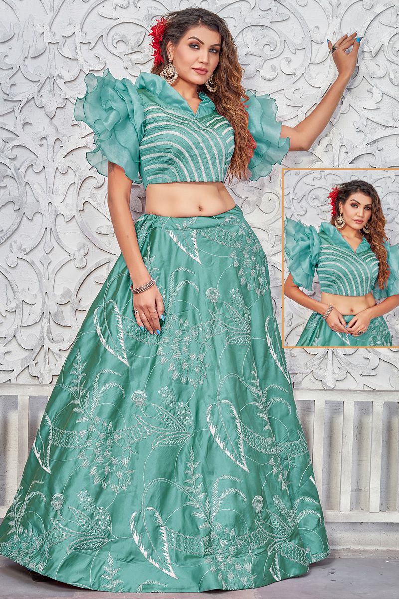 Art Silk Function Look Awesome Lehenga In Sea Green Color