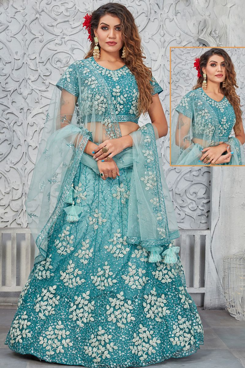 Cyan Color Net Appealing Function Look Lehenga