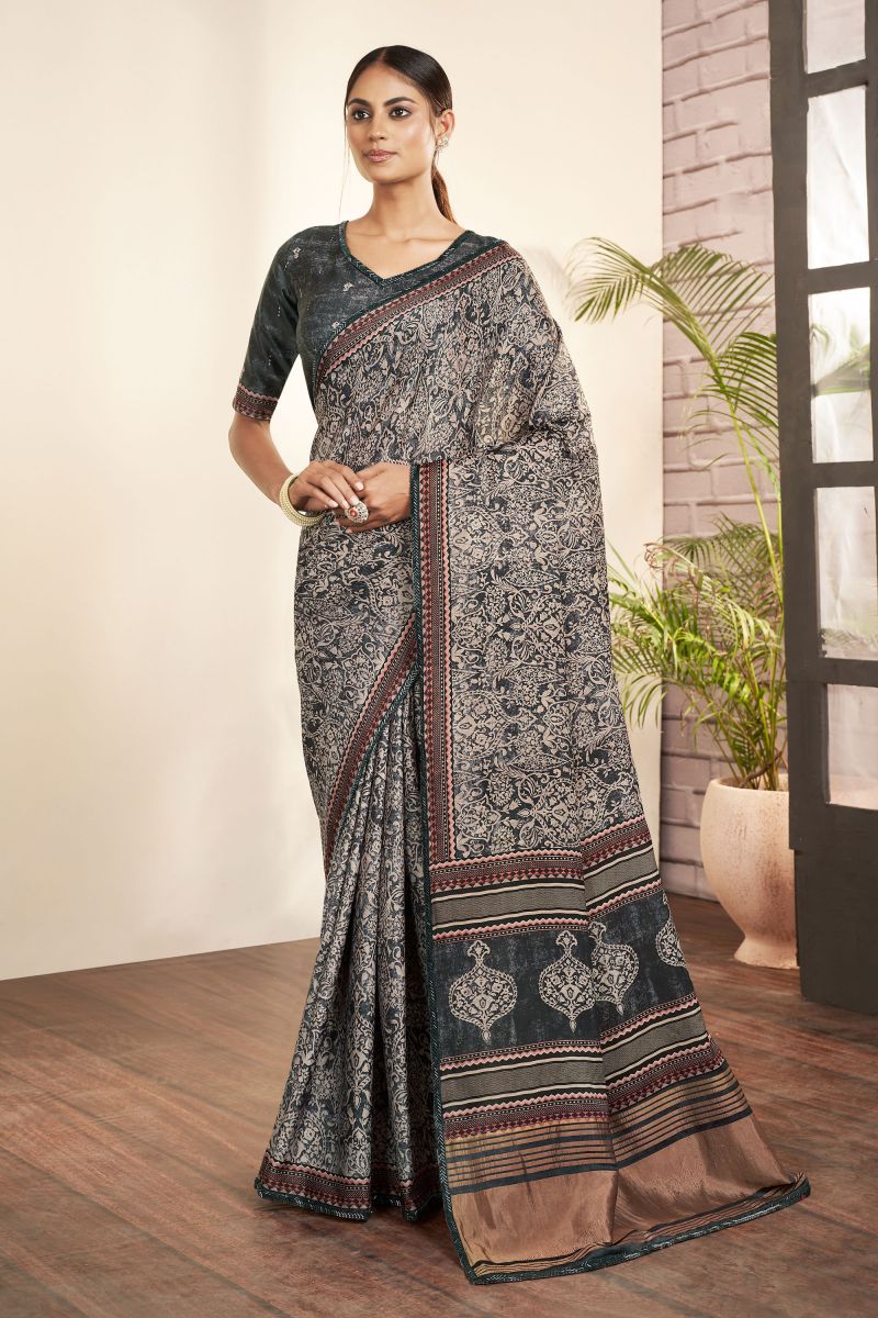 Gajji Silk Fabric Grey Color Pleasance Saree With Printed Work