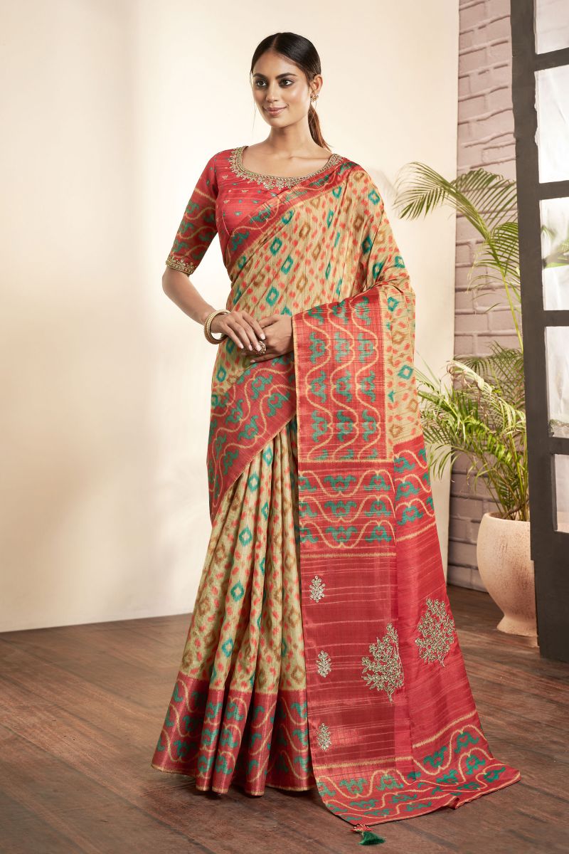 Printed Work On Bhagalpuri Silk Fabric Bewitching Saree In Beige Color