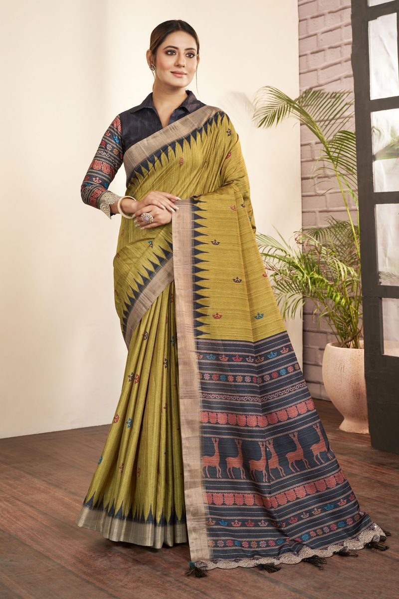 Bhagalpuri Silk Fabric Olive Color Patterned Saree With Printed Work