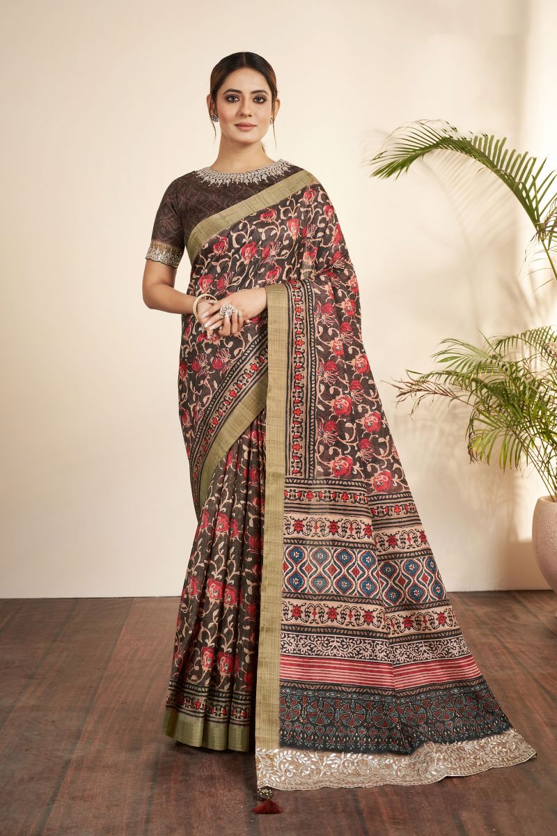 Brown Color Bhagalpuri Silk Fabric Engaging Saree With Printed Work