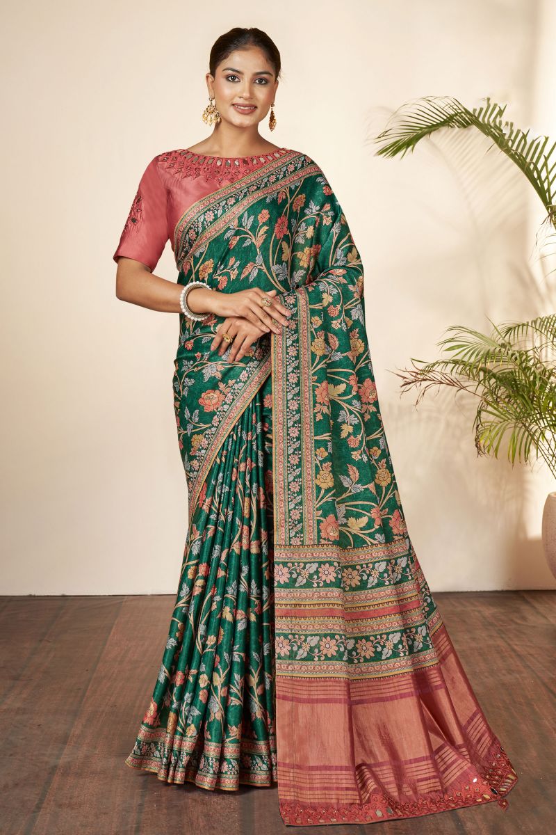 Printed Work On Green Color Sober Saree In Gajji Silk Fabric