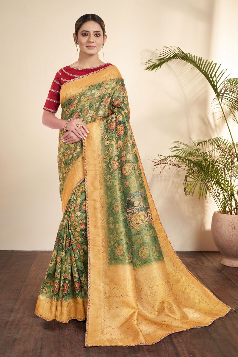 Printed Work On Green Color Tissue Fabric Saree