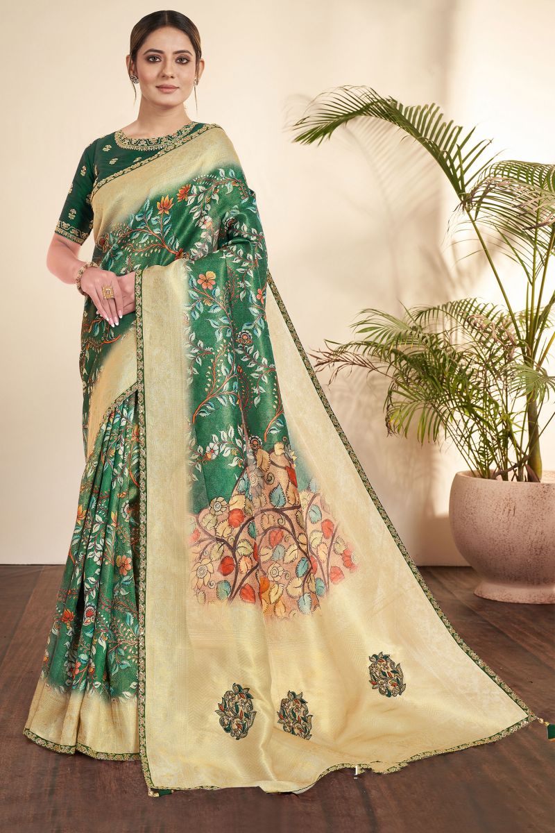 Tissue Fabric Green Color Printed Work Saree