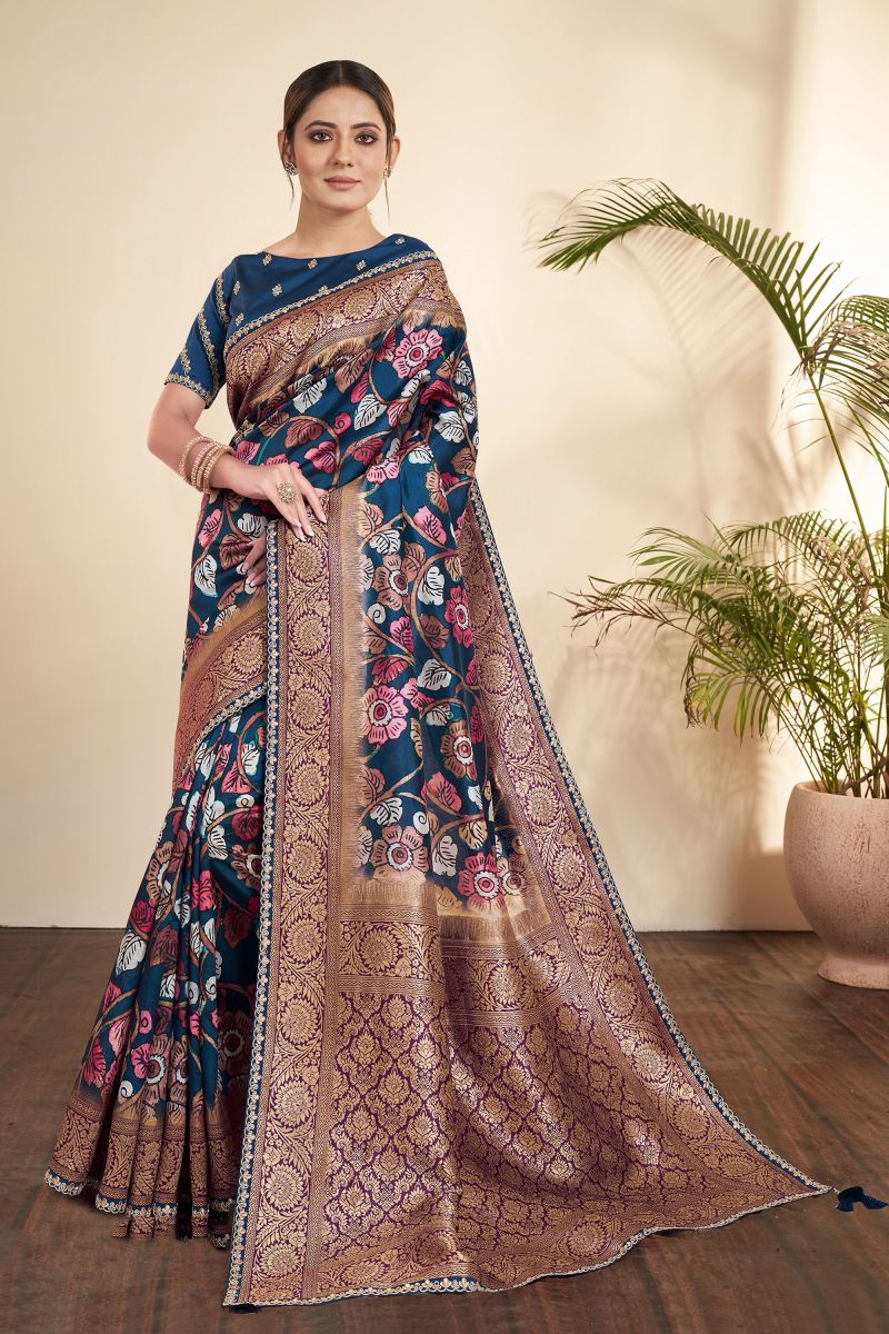 Blue Color Printed Work On Tissue Fabric Stunning Saree