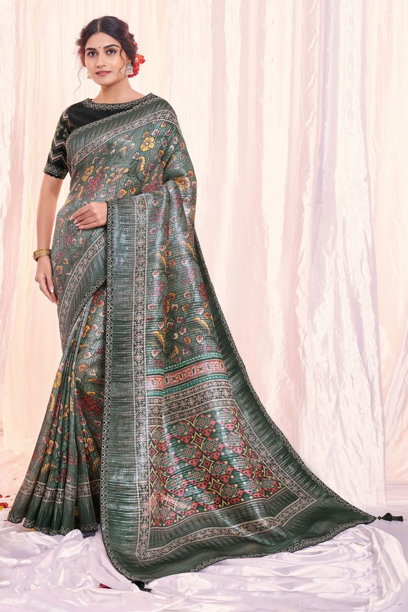 Tissue Fabric Grey Color Saree With Printed Work