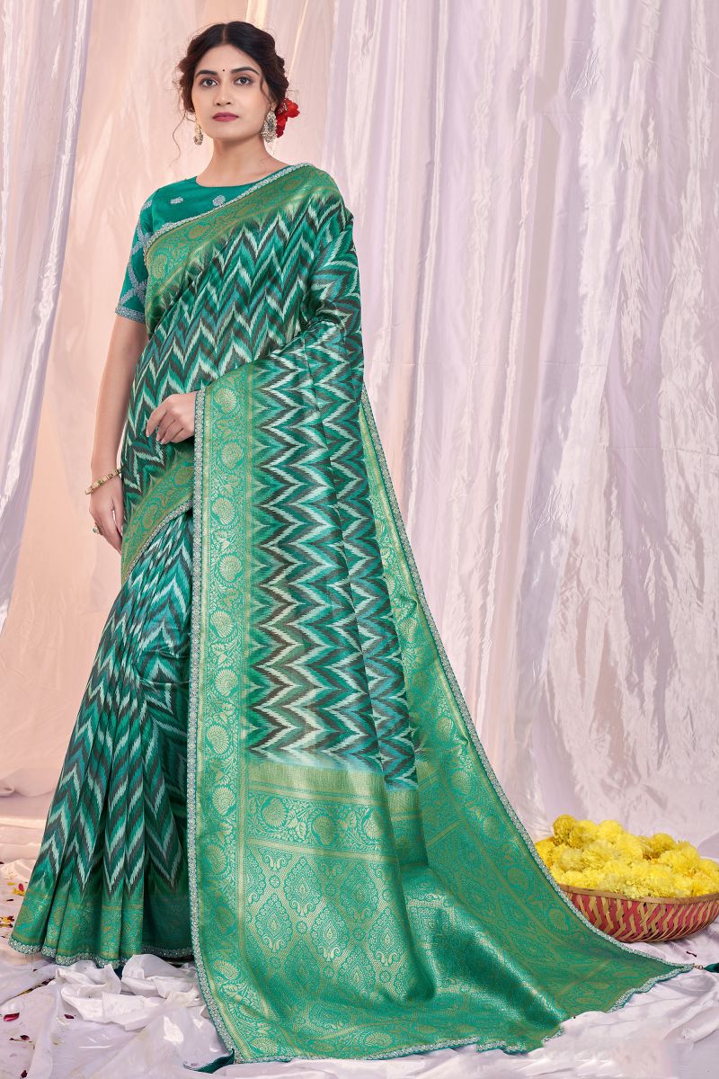 Sea Green Color Tissue Fabric Special Saree With Printed Work