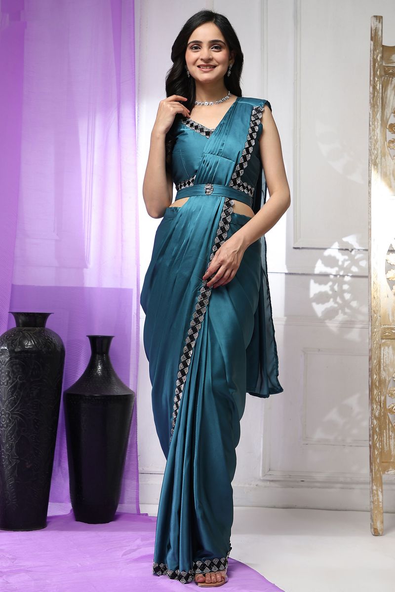 Border Work Attractive Ready To Wear Satin Silk Saree In Teal Color