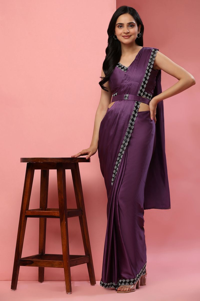 Purple Color Border Work Graceful Ready To Wear Satin Silk Saree