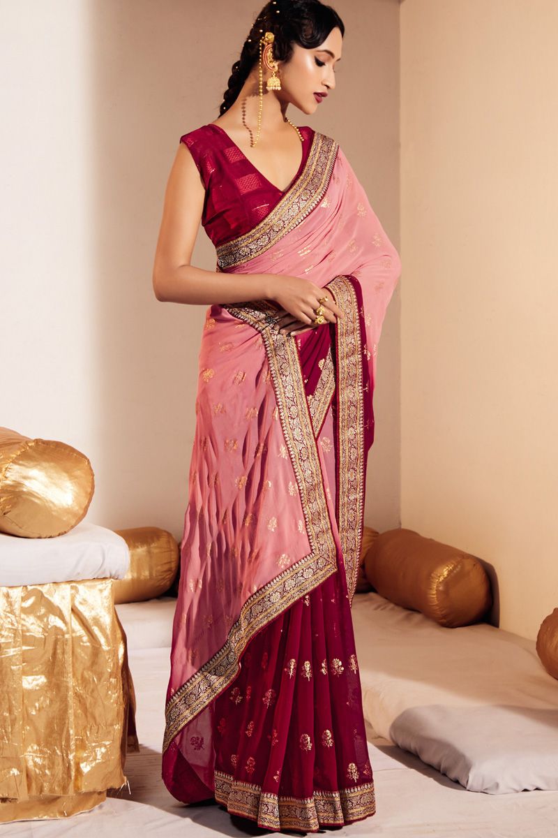 Beauteous Pink And Maroon Color Foil Printed Georgette Saree