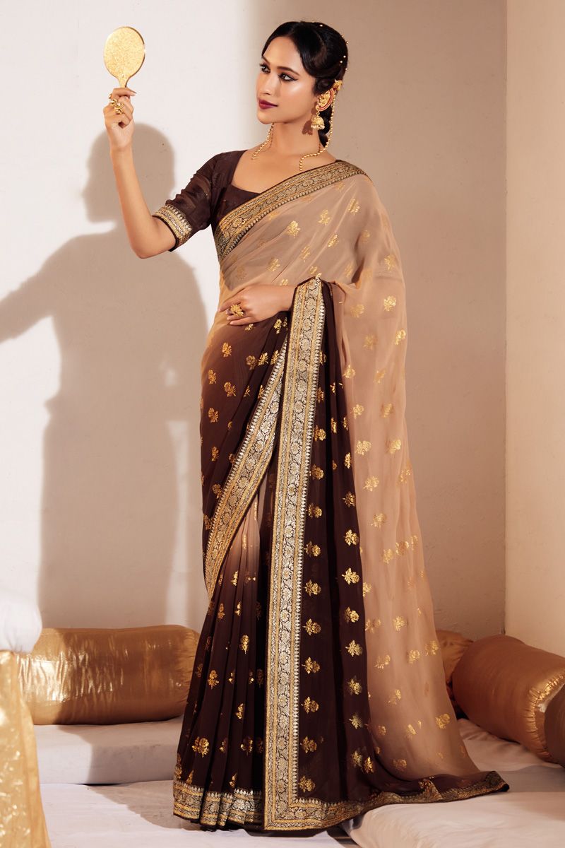 Cream And Brown Color Georgette Adorming Foil Printed Saree