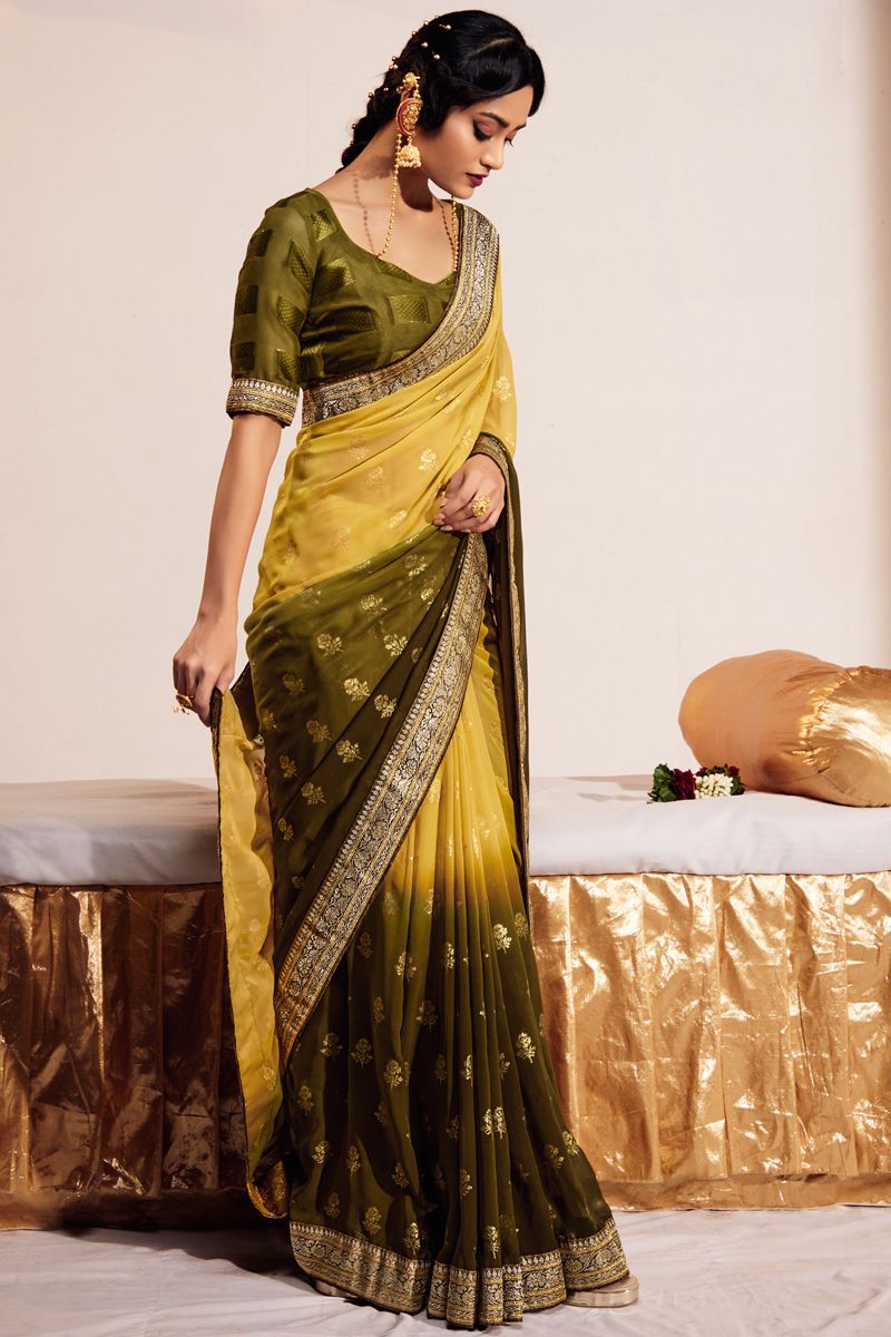 Georgette Mustard And Green Color Winsome Foil Printed Saree