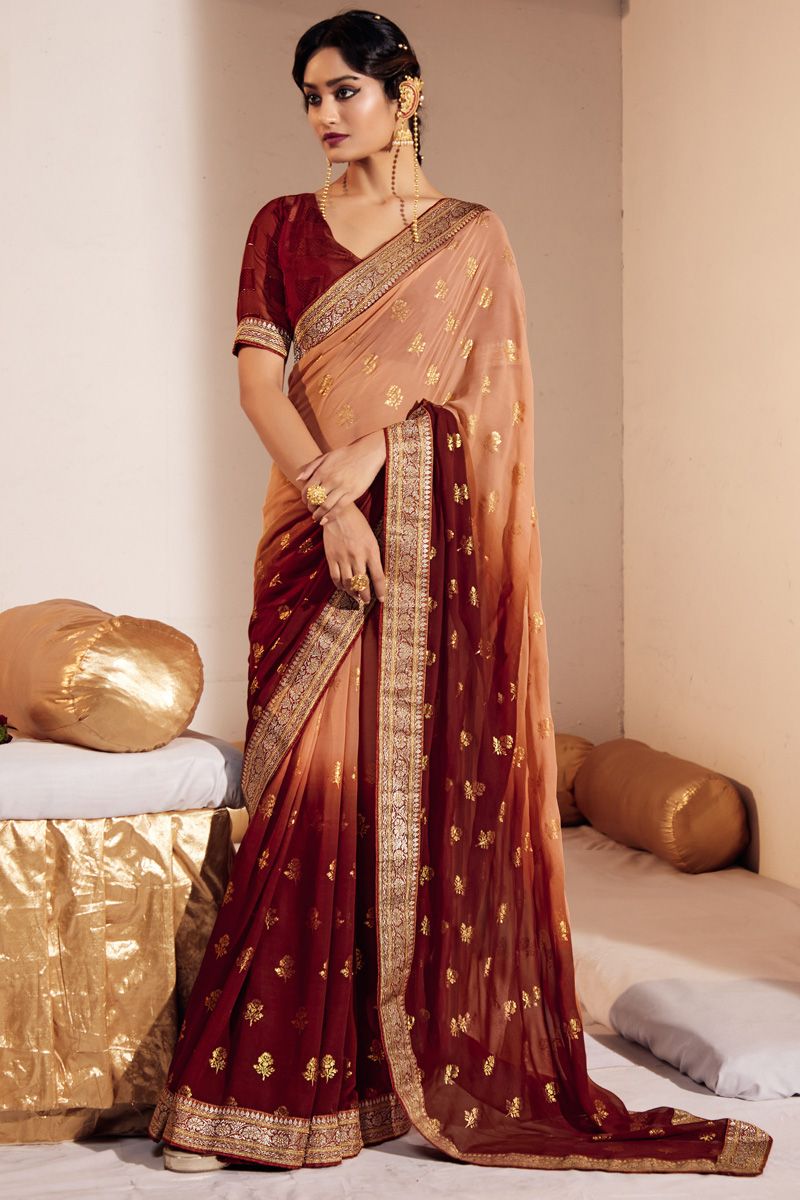 Peach And Maroon Color Georgette Divine Foil Printed Saree