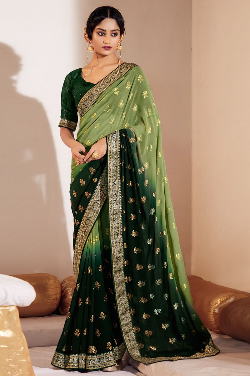 Green Color Georgette Stylish Foil Printed Saree