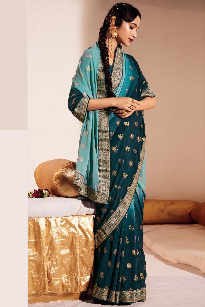 Georgette Teal Color Engrossing Foil Printed Saree