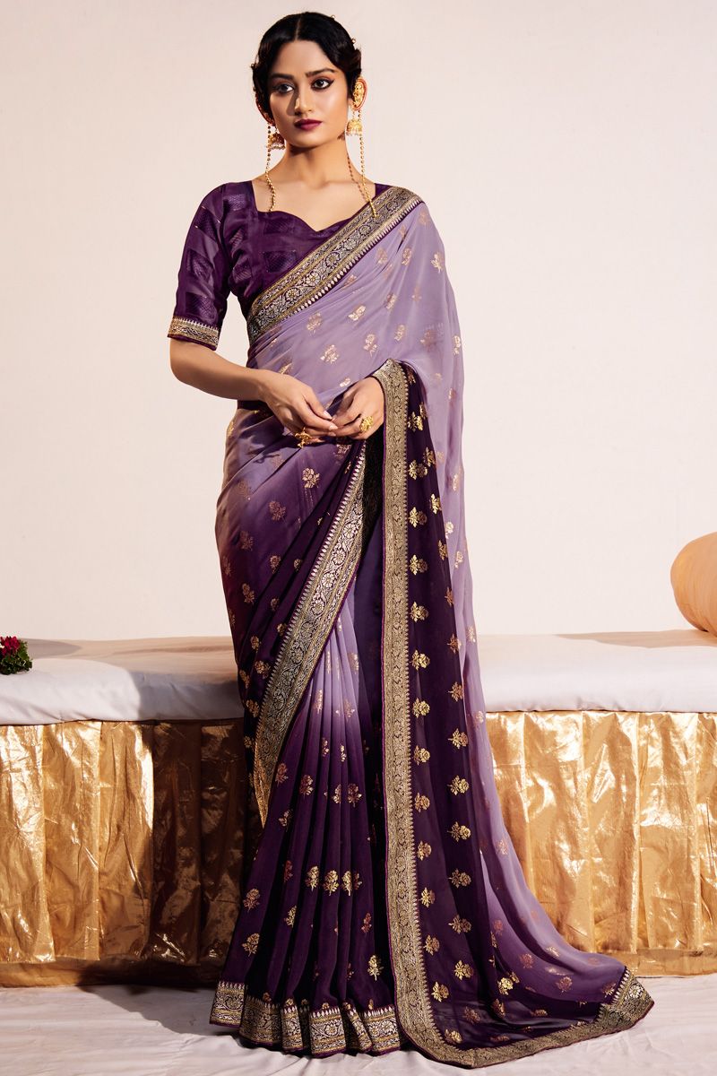 Georgette Intriguing Foil Printed Saree In Lavender And Purple Color