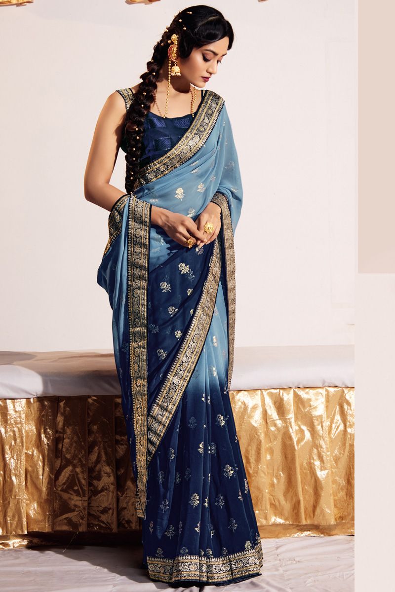 Blue Color Georgette Remarkable Foil Printed Saree