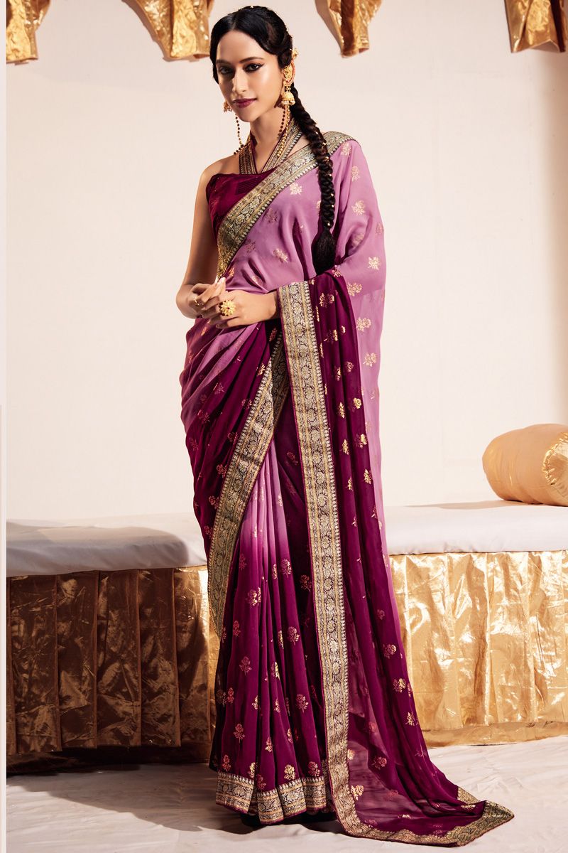 Georgette Superior Wine And Pink Color Foil Printed Saree