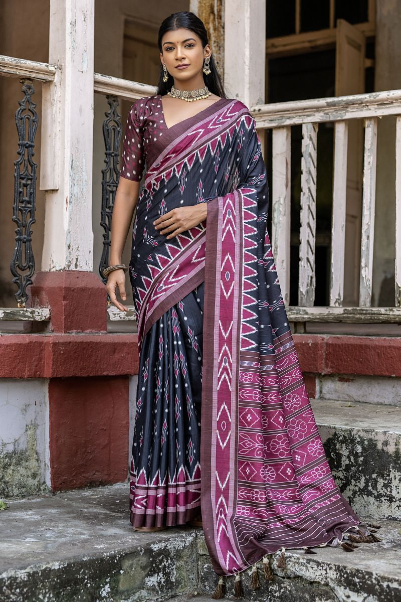 Cotton Silk Fabric Black Color Printed Saree