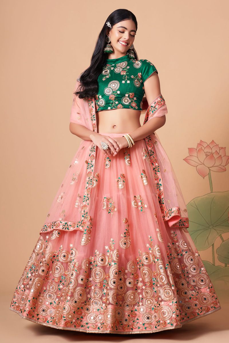 Radiant Sangeet Wear Peach Color Net Fabric Lehenga Choli