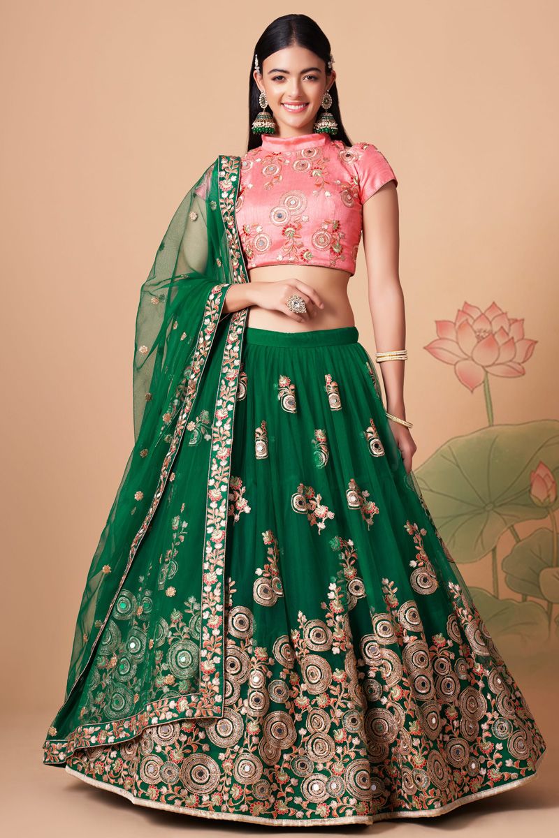 Excellent Net Fabric Green Color Lehenga Choli In Sangeet Wear